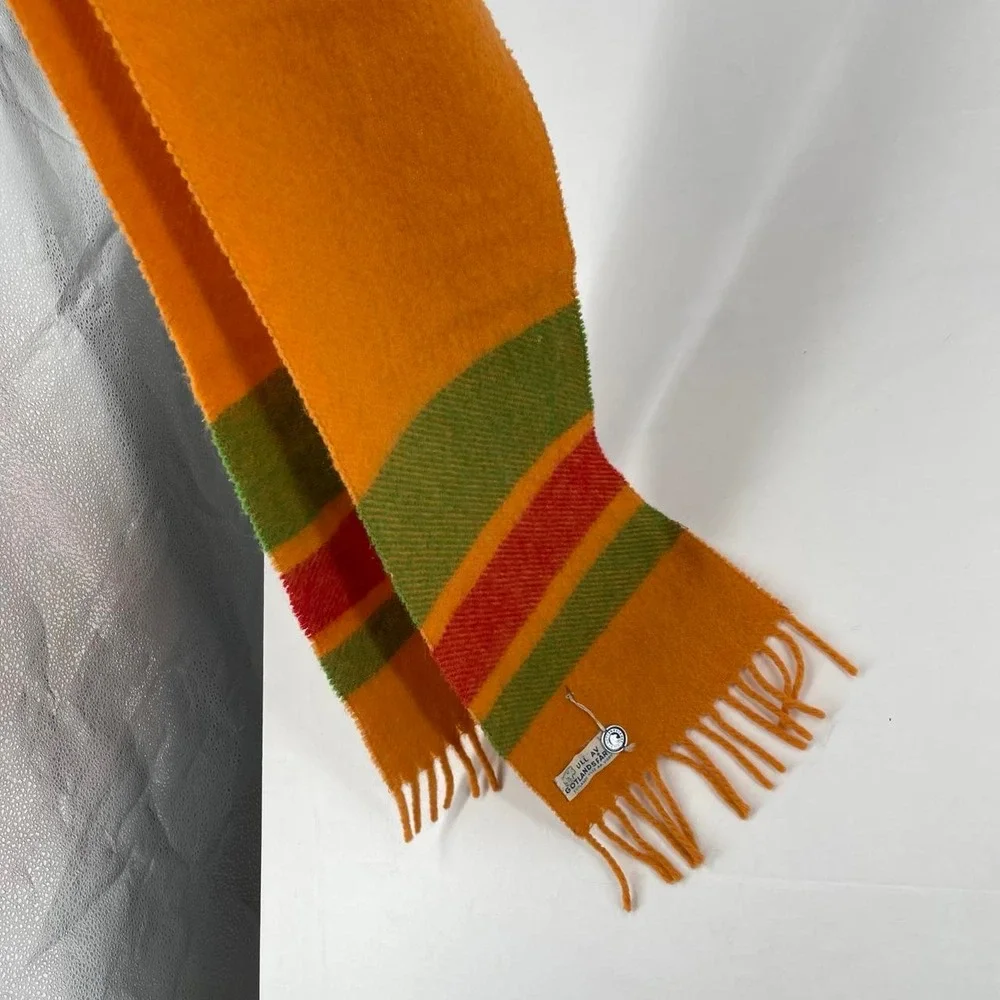 Vintage 70s Swedish Wool Gotland Scarf New Orange Striped Tassel Fall Academia